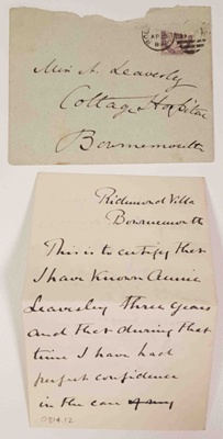 Testimonial for Annie Leavesley by A.G.B. Love; A.G.B. Love; 3 April 1889; 0814.12