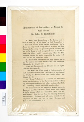 Memorandum of Instructions by Matron to Ward Sisters; St. Thomas's Hospital; 1879; 1157