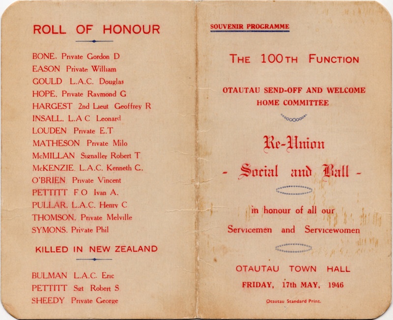 Ōtautau & Districts Soldiers' - WW2 Commemoration Memorabilia, Souvenir Programme