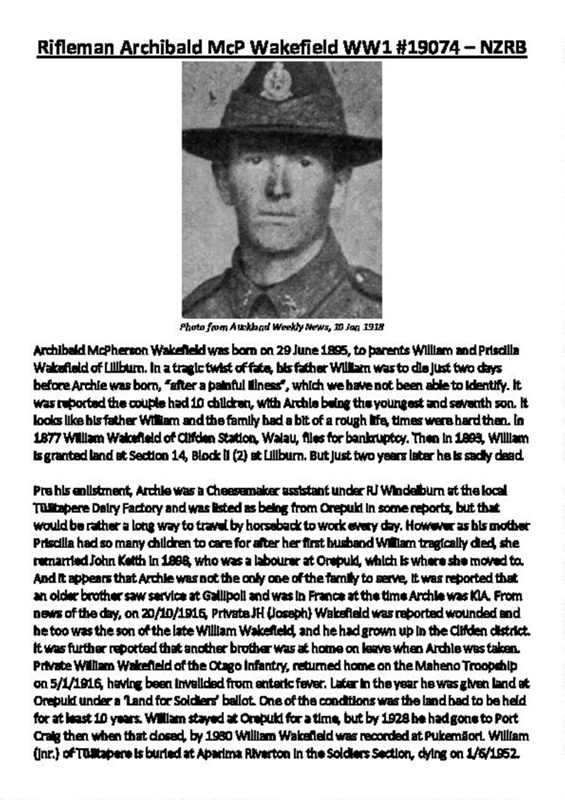 Orepuki District Settlers - Archibald McPherson Wakefield, WW1 Memorial Entry