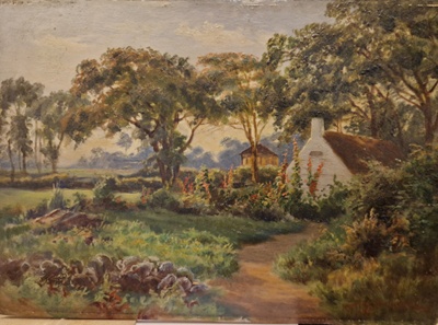 Country scene with thatched cottage; Trench, J A; BIKGM.246n