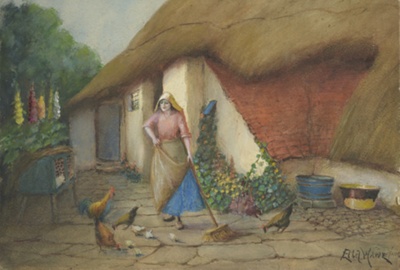 Woman Sweeping in front of Cottage; Wane, Ethel; BIKGM.180b