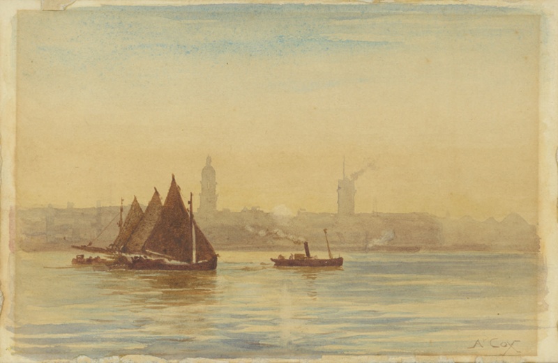 Fishing Vessels on the Mersey with Birkenhead Skyline in Background; Cox, Arthur; BIKGM.792c