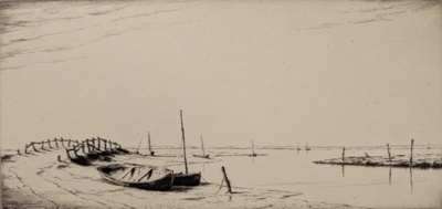 Boats and Bridge on a Beach; Hardie, Martin (1875-1952); BIKGM.9181
