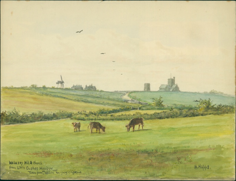 Wallasey Mill and Church from Cushes Meadow; Hopps, Harold; BIKGM.W360