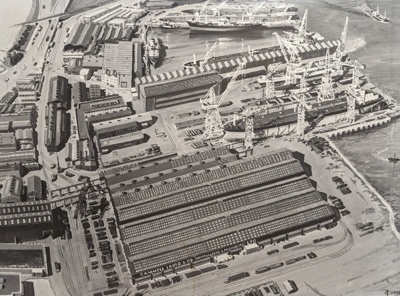 A Black and White Reproduction of a J Cobb Aerial View of Shipyard ; Cobb, John; BIKGM.8122