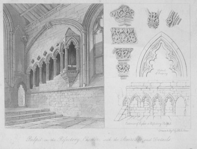 Pulpit in the Refectory, Chester with The Staircase and Details; Le Keux, J H; BIKGM.7726