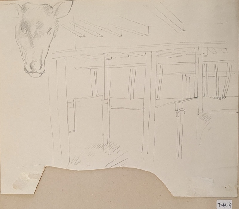 Interior of a stable - cow's head upper left; Richards, Albert; 1935-1939; BIKGM.7046.1