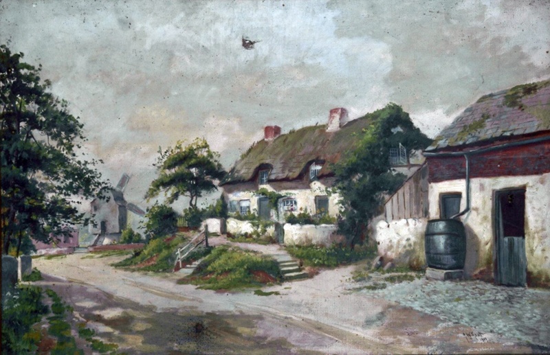 Village street with post mill; Knott, J W; BIKGM.126r