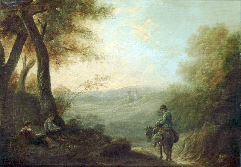 Landscape with figure on a donkey; British School,; BIKGM.195N