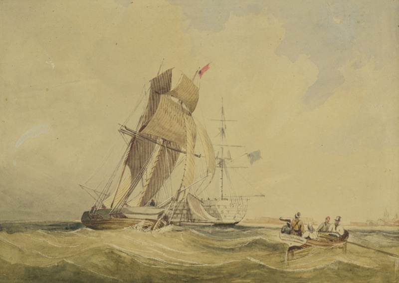 Row Boat Approaching Sailing Ship; Chambers, George (poss); BIKGM.180c