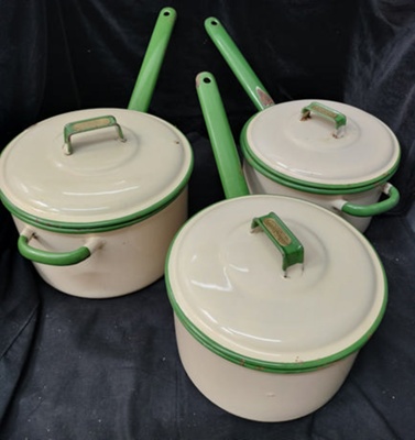 Set of three Judge Brand Enamel Pots with lids.; Judge Kitchenware; c1960; 2025.2147