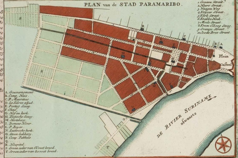 Detail of Map of Paramaribo, from A chart of Suriname, indicating the ...