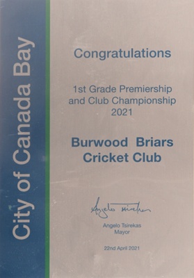 Plaque - Burwood Briars Cricket Club - Congratulations - 1st Grade Premiership and Club Championship,; 2021; OB0208 Plaque - Burwood Briars Cricket Club - Congratulations - 1st Grade Premiership and Club Championship,; 2021; OB0208