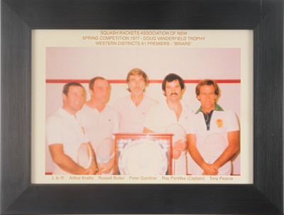 Photo: Squash Rackets Association of NSW - Spring Competition 1977 - Doug Vanderfield Trophy - Western Districts A1 Premiers - "Briars". ; 1977; F0049 Photo: Squash Rackets Association of NSW - Spring Competition 1977 - Doug Vanderfield Trophy - Western Districts A1 Premiers - "Briars". ; 1977; F0049