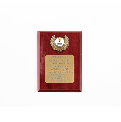 Small wooden Plaque: Present to the Greenlees Park Bowling Club in appreciation for hosting the Tasmanian Peet-Kay Party on the occasion of their visit to New South Wales. 1st September 2014.; 2014; OB0118 Small wooden Plaque: Present to the Greenlees Park Bowling Club in appreciation for hosting the Tasmanian Peet-Kay Party on the occasion of their visit to New South Wales. 1st September 2014.; 2014; OB0118