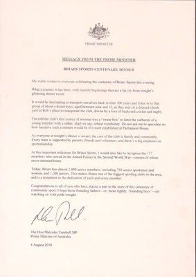 Letter: Message from the Prime Minister Malcom Turnbull.; 2018; F0053 Letter: Message from the Prime Minister Malcom Turnbull.; 2018; F0053