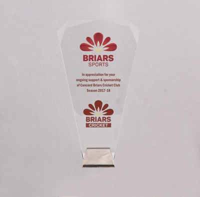 Trophy - Glass Trophy with Briars Sports logo 'In
Appreciation for your ongoing support and
sponsorship of Concord Briars Cricket Club
Season 2017-18; 2017 - 2018; OB0062 Trophy - Glass Trophy with Briars Sports logo 'In
Appreciation for your ongoing support and
sponsorship of Concord Briars Cricket Club
Season 2017-18; 2017 - 2018; OB0062