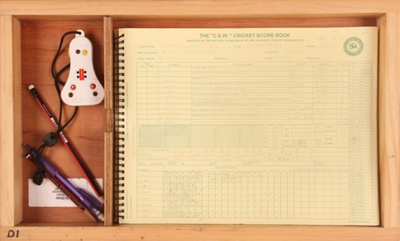 Object - CSW Cricket Score Book - Wooden box with related items.; OB0221 Object - CSW Cricket Score Book - Wooden box with related items.; OB0221