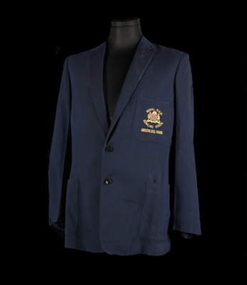 Blazer - Navy blue men's blazer - Pocket badge reads 'Royal N.S.W. Bowling Association, Greenlees Park'; T168 Blazer - Navy blue men's blazer - Pocket badge reads 'Royal N.S.W. Bowling Association, Greenlees Park'; T168