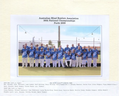 Bowls - Australian Blind Bowlers Association - 30th National Championships, Perth 2009 - NSW winning team; 2009; P0042 Bowls - Australian Blind Bowlers Association - 30th National Championships, Perth 2009 - NSW winning team; 2009; P0042