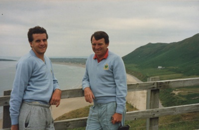 Photograph - Features two men posed. Both wearing light blue coloured jumpers; 1995; P0222 Photograph - Features two men posed. Both wearing light blue coloured jumpers; 1995; P0222
