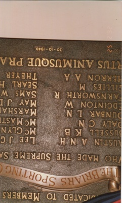 Photograph - Image of brass memorial plaque dedicated to Briars Members who fought in both World Wars.; 1995; P0217 Photograph - Image of brass memorial plaque dedicated to Briars Members who fought in both World Wars.; 1995; P0217