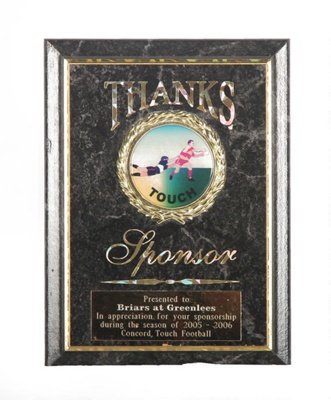Plaque - Thanks Sponsor 'Presented to Briars at
Greenlees in appreciation for your sponsorship
during the season of 2005-2006 Concord Touch
Football, 2005-2006; 2005 - 2006; OB0152 Plaque - Thanks Sponsor 'Presented to Briars at
Greenlees in appreciation for your sponsorship
during the season of 2005-2006 Concord Touch
Football, 2005-2006; 2005 - 2006; OB0152