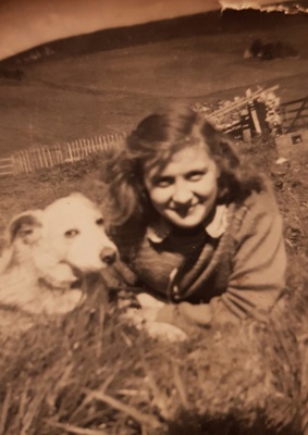 Photograph, Ruth McHardy with her collie dog, Ballochtoon, Lower Cabrach; 1950; CT.2024.02.09