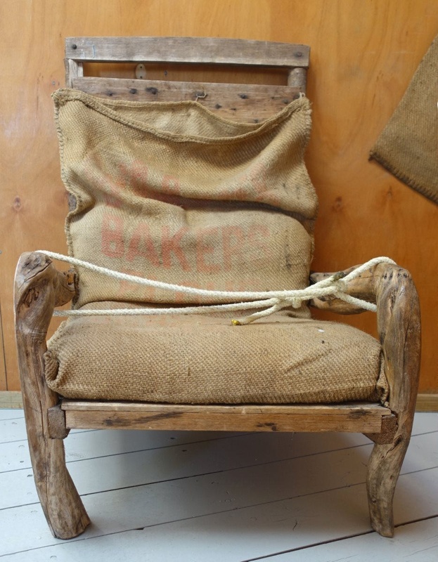 Chair made by Charles King with arms sawn from grown knees and hessian ...