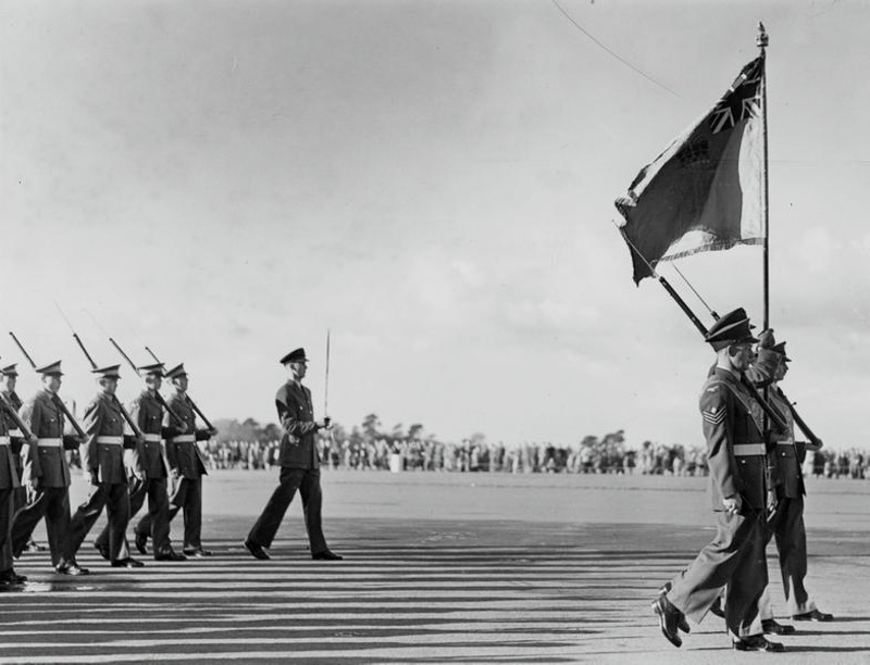 RNZAF, Royal New Zealand Air Force on a March Past, Carrying the Colours. Wigram. Canterbury, New Zealand.