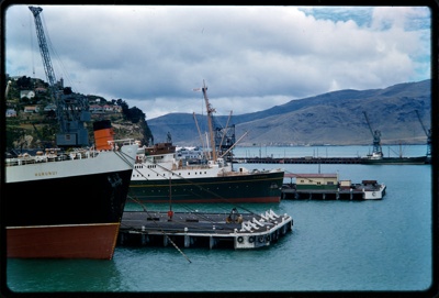 Shipping. Lyttelton, Visible are the New Zealand Shipping Company's vessel Hurunui, 1948, 11276 GRT and the Union Steam Ship Company's Lyttelton-Wellington Inter-Island Ferry Maori, 1953, 8303 GRT. Lyttelton Port, Canterbury, New Zealand. image item