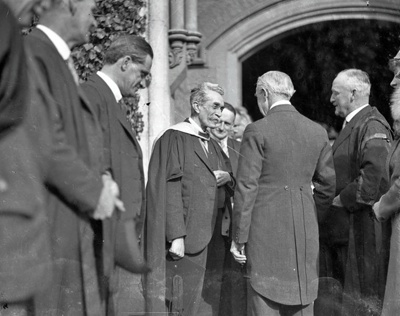 Men in Academic Regalia. Man in Long Tails Appears to be the Governor-General Sir Bernard Fergusson? Canterbury University College. Christchurch, Canterbury, New Zealand. image item