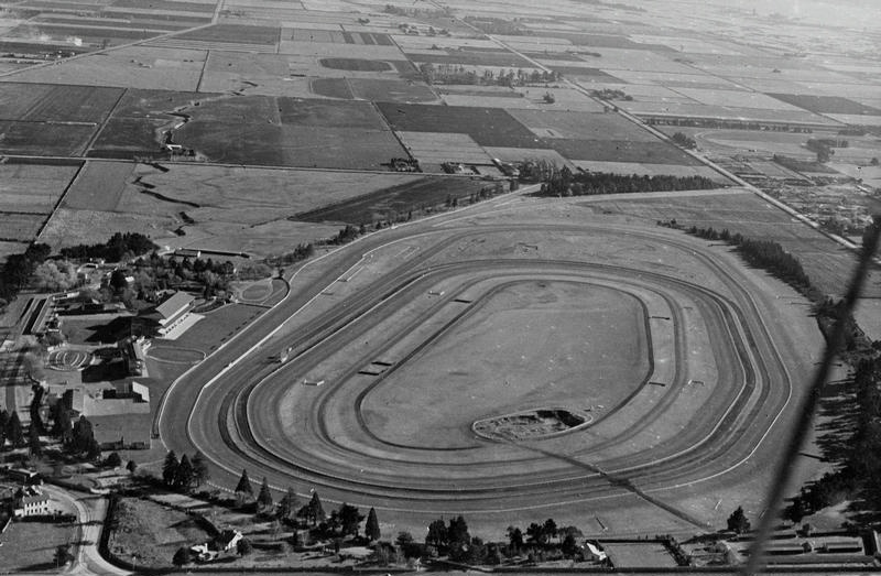 Aerial - Riccarton Racecourse Horse Racing. Galloping. Christchurch, Canterbury, New Zealand.