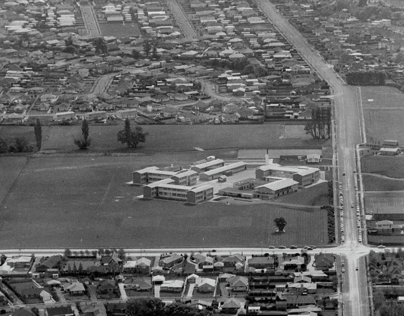 Aerial Oblique. Education School. Burnside High School. Corner Memorial Avenue and Greers Road. Christchurch, Canterbury, New Zealand.