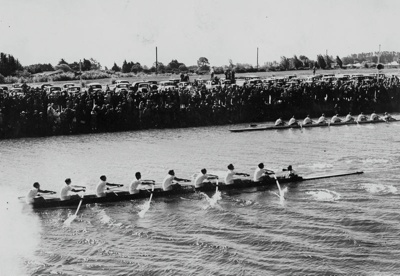 Oar Rowing Racing Sport. Rowing. Two Eight-Oar Rowing Boats. Racing at Kerrs Reach, Crowd ...
