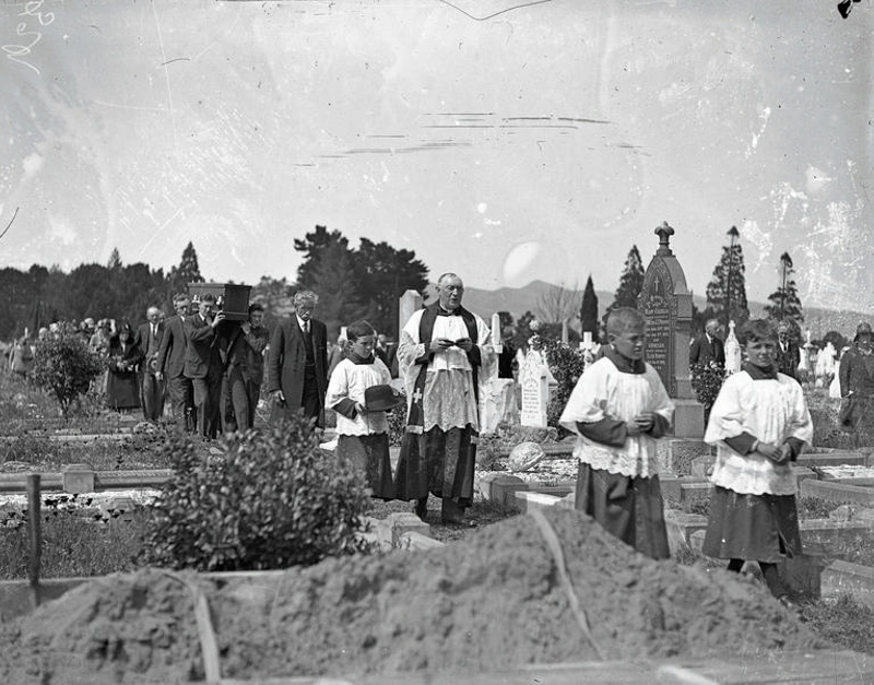 Funeral, Roman Catholic, at Linwood Cemetery. Christchurch, Canterbury, New Zealand.