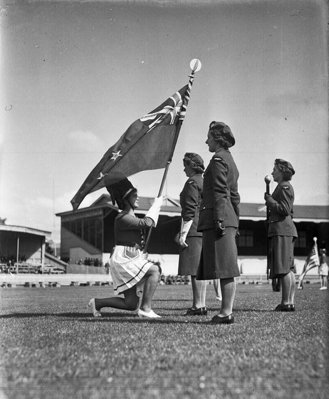 Air Force. Women Receiving the New Zealand Flag. Lancaster Park, Christchurch, Canterbury, New Zealand
