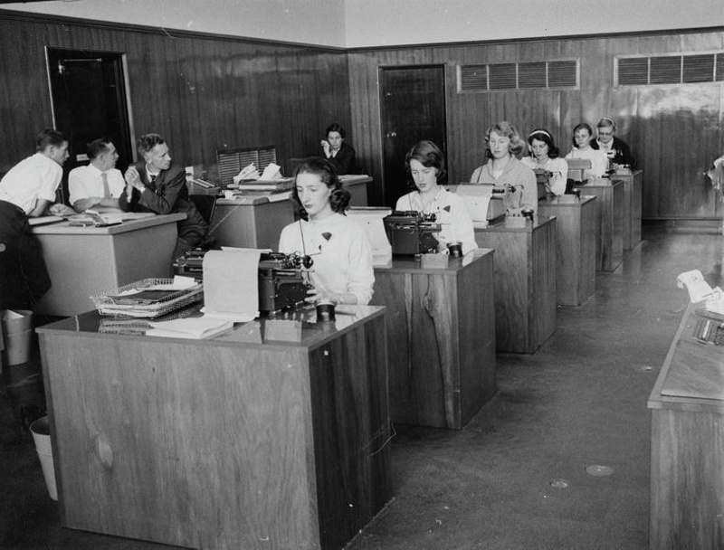 The Office, Interior. Typists with Their Typewrters and the Think Tank Christchurch, Canterbury, New Zealand.