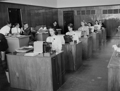 The Office, Interior. Typists with Their Typewrters and the Think Tank Christchurch, Canterbury, New Zealand. image item