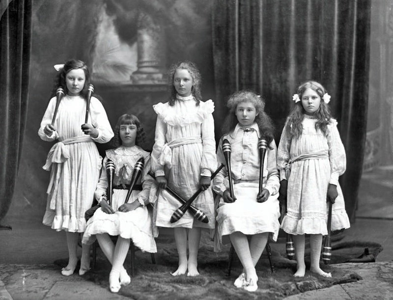 Portrait. Group of Girls with Clubs. Christchurch, Canterbury, New Zealand