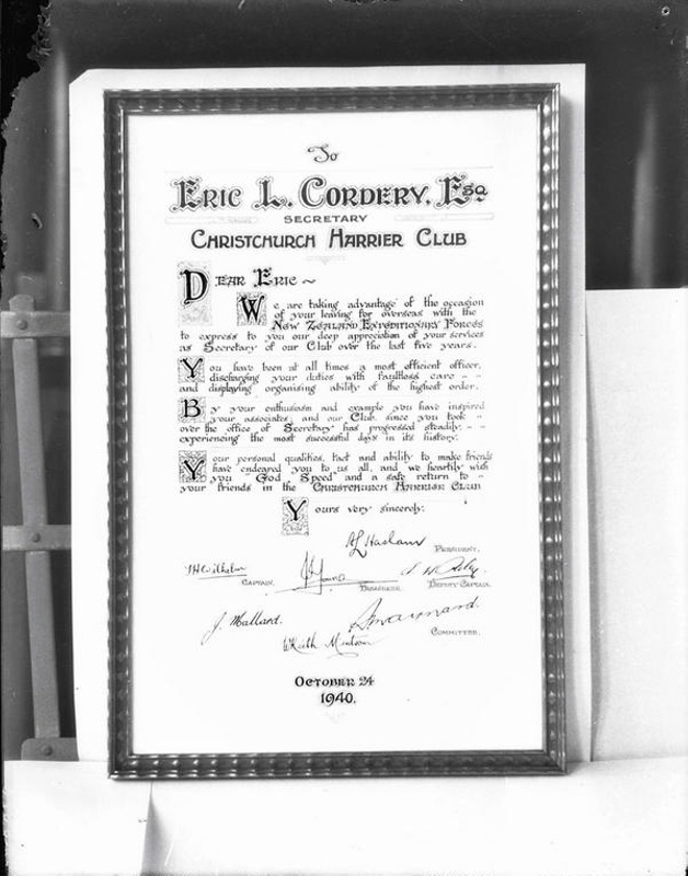 Art, Illuminated Letter to Eric L Cordery, Secretary of the Christchurch Harrier Club, on the occasion of his departure with the New Zealand Expeditionary Force ( to WWII ) by W S Baverstock. Christchurch, Canterbury, New Zealand.