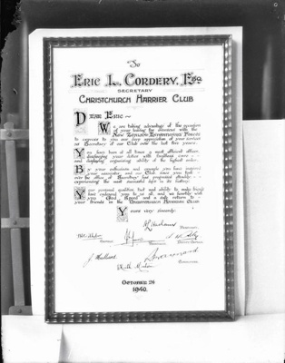 Art, Illuminated Letter to Eric L Cordery, Secretary of the Christchurch Harrier Club, on the occasion of his departure with the New Zealand Expeditionary Force ( to WWII ) by W S Baverstock. Christchurch, Canterbury, New Zealand. image item