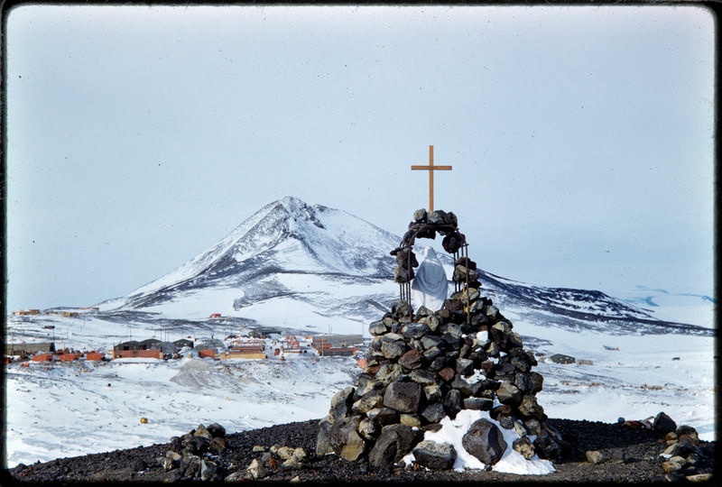 Antarctica. Our Lady of the Snows Statue Overlooking McMurdo Station and Observation Hill