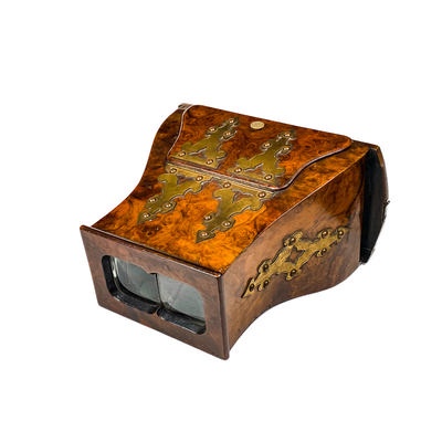 Brewster Stereoscope, Burl Walnut, Brass Fittings, Prismatic Lenses, Luxe; c. 1860; M-SH016