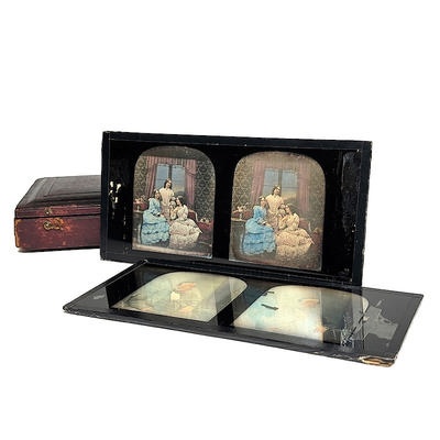 Pair of Tinted Stereo Daguerreotypes in original leathered box; Claudet, Antoine; c. 1855; M-V010 Pair of Tinted Stereo Daguerreotypes in original leathered box; Claudet, Antoine; c. 1855; M-V010