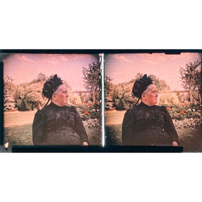 Set of stereo Autochromes in burl walnut box; c. 1910; M-V005