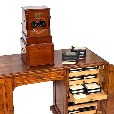 Tray-Stereoscope 'Planox' with Special Storage Desk containing its Original Photo Collection; Plocq, Alexandre; c. 1919; M-SF013