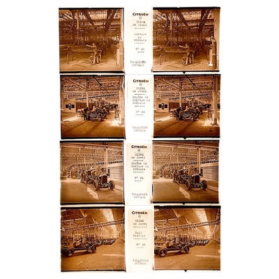 Set of 50 stereo views showing the production of cars at the Citroën Factory, Javel, Paris; Citroën; c. 1925; M-V012