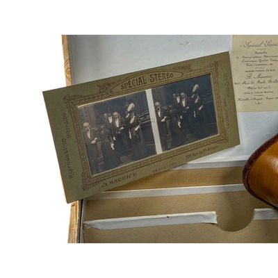 Boxed set of marriage stereo views 'Special Stéréo' and Holmes viewer; Maurice, A.; c. 1905; M-V003